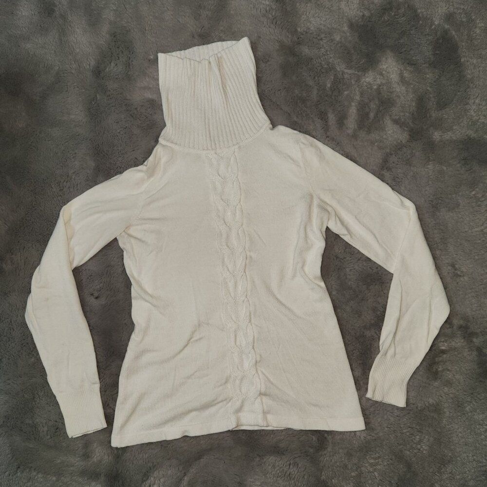 White Long Sleeve Cable Knit Turtleneck Sweater Size S - Picture 6 of 6